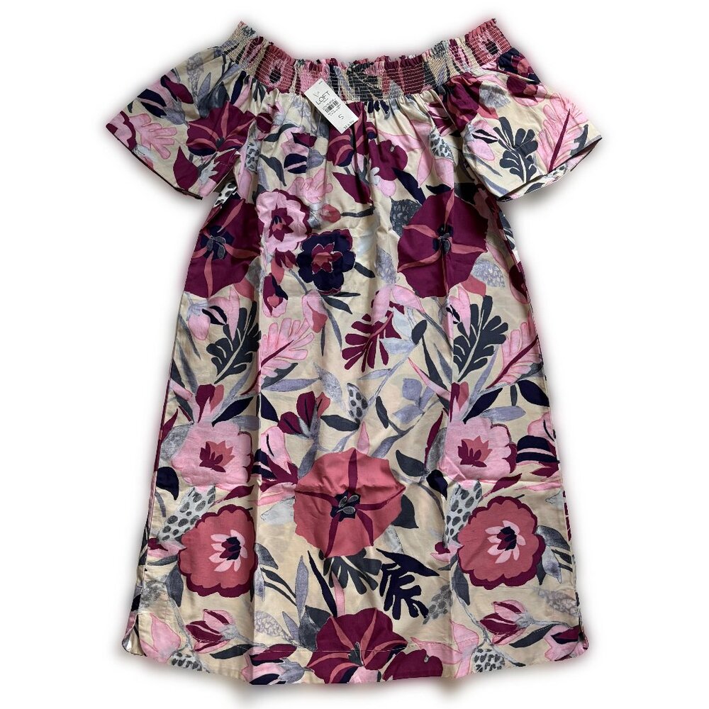 LOFT Smocked Neckline Dress NEW Tropical Floral Print  • RUNS BIG 43-inch chest
